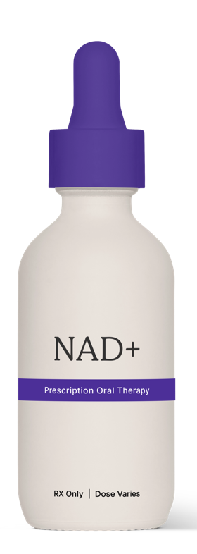 Oral dropper with NAD+. The vial is white and has the RoarMD's purple 