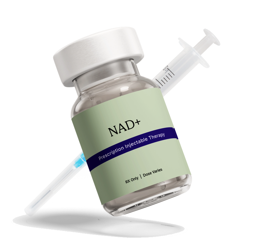 Close-up of a syringe behind a glass medical vial of NAD+ with a label featuring a white RoarMD's logo and a white cap.