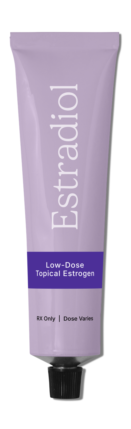 A tall lavender tube of Estradiol vaginal gel with a black screw cap and the white RoarMD "R!" logo.