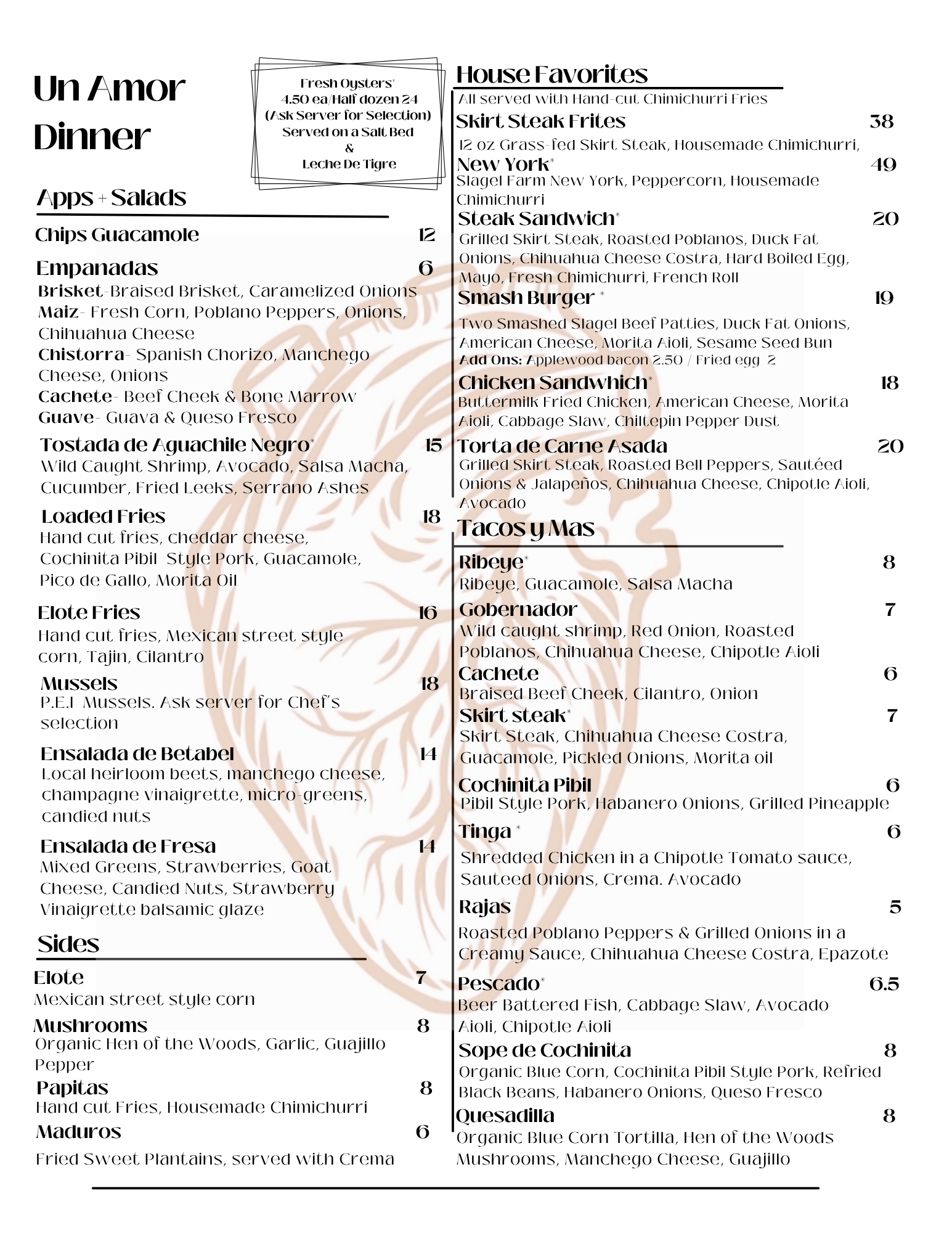 Un Amor Dinner menu listing appetizers, salads, sides, house favorites, tacos, with prices and ingredients.