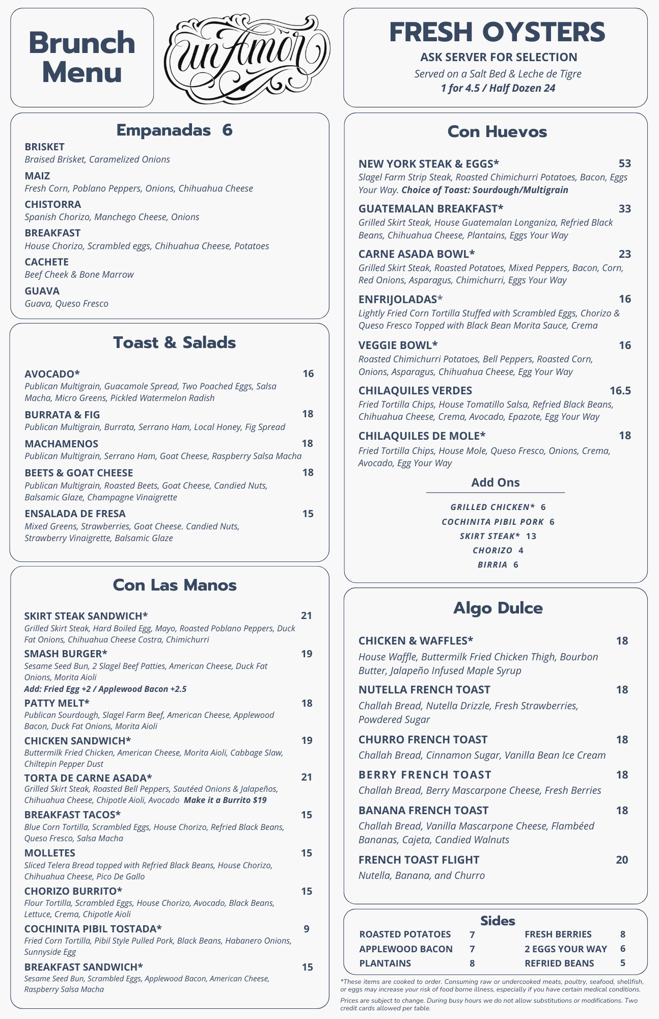 Brunch menu including empanadas, toast & salads, sandwiches, fresh oysters, huevos, desserts, and sides with prices.