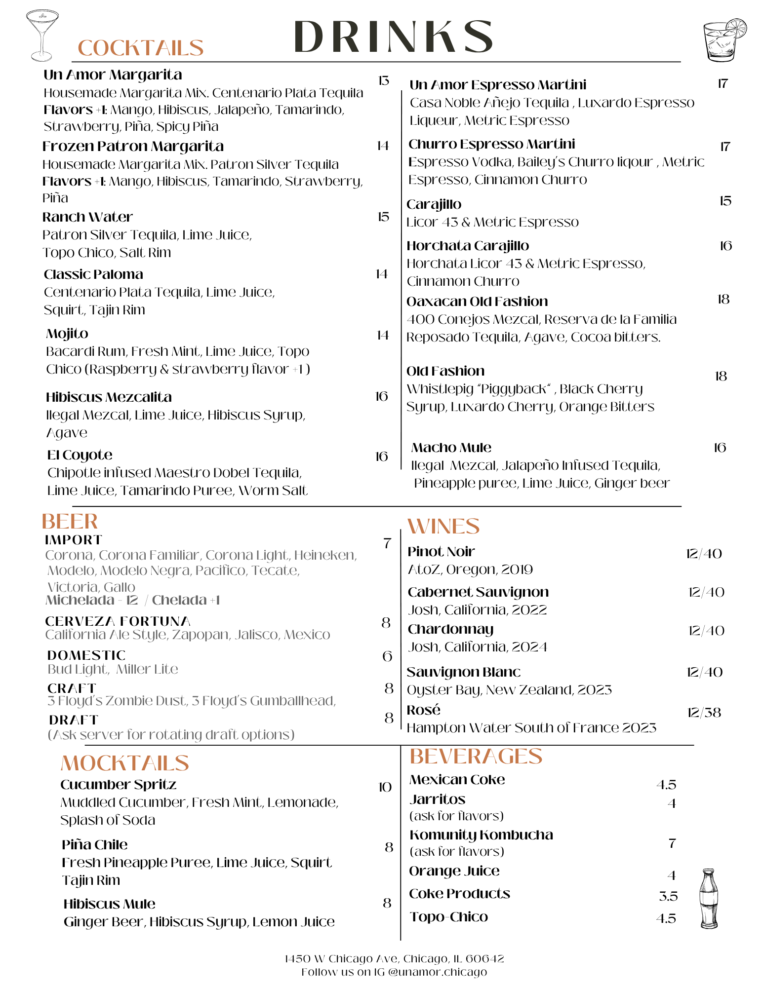 Cocktails, beer, wines, mocktails, and beverages menu with prices and ingredients listed.