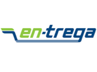 en.trega company logo with stylized green and blue text.