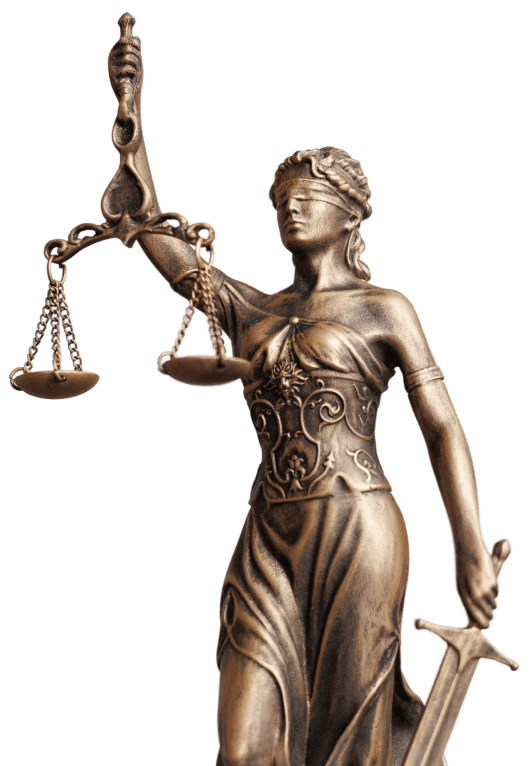 Bronze statue of Lady Justice wearing a blindfold, holding balanced scales in her right hand and a sword in her left hand.