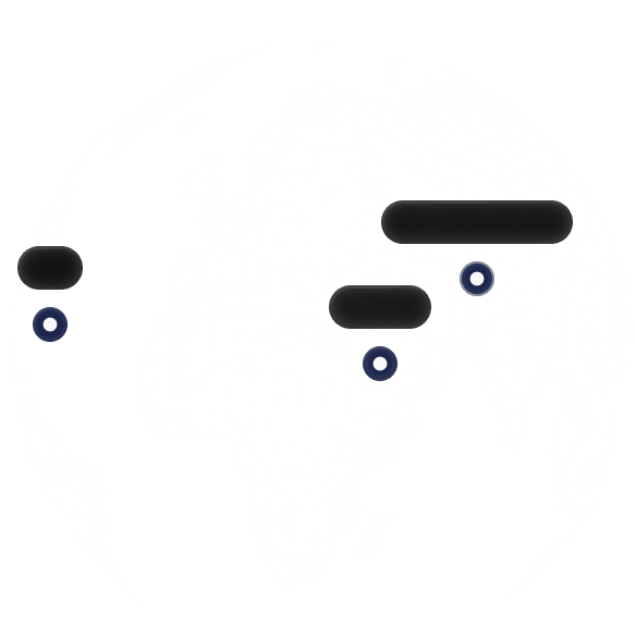 Dotted globe centered on Africa, Europe, and Asia with four dark horizontal bars pointing to locations marked by blue and white circles.