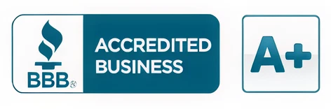 Better Business Bureau accredited business seal with an A+ rating.