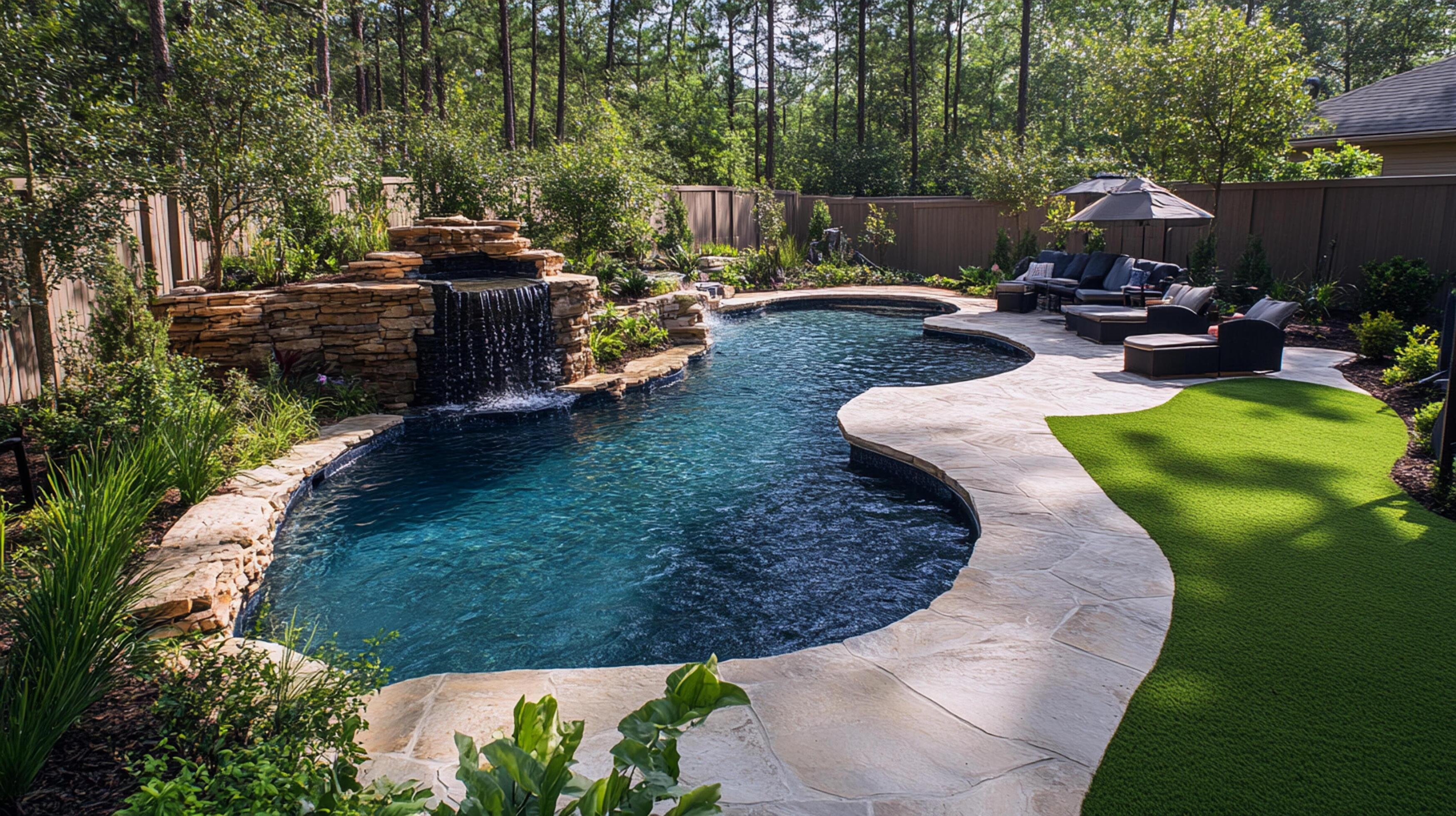 Backyard pool with stone waterfall, lounge seating, and surrounding landscaping.