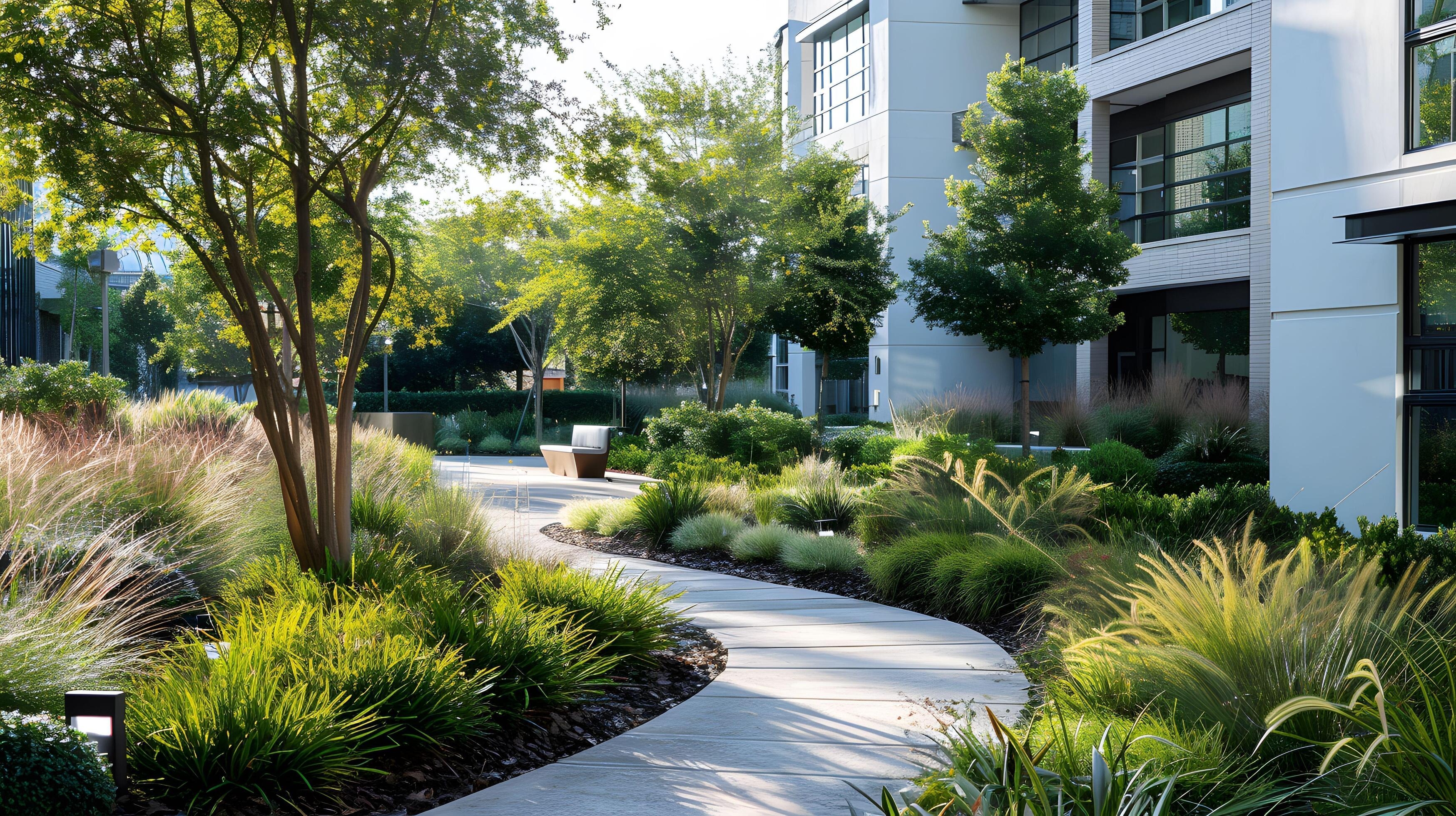 Curving concrete path through landscaped garden with trees and ornamental grasses beside modern buildings.