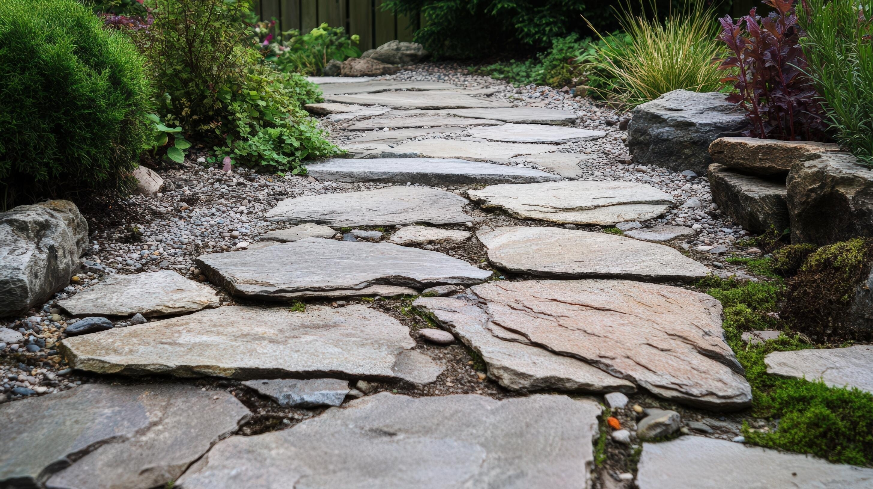Stone pathway with irregular flat stones surrounded by green plants and small pebbles on sides.