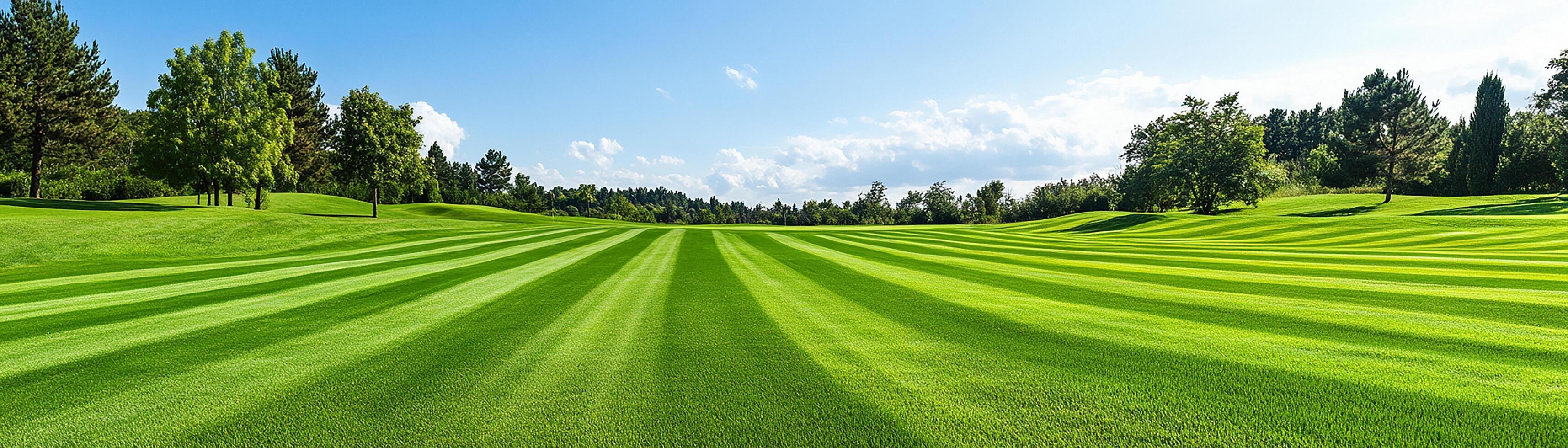 Wide green lawn with striped mowing pattern, surrounded by trees under a blue sky with clouds.