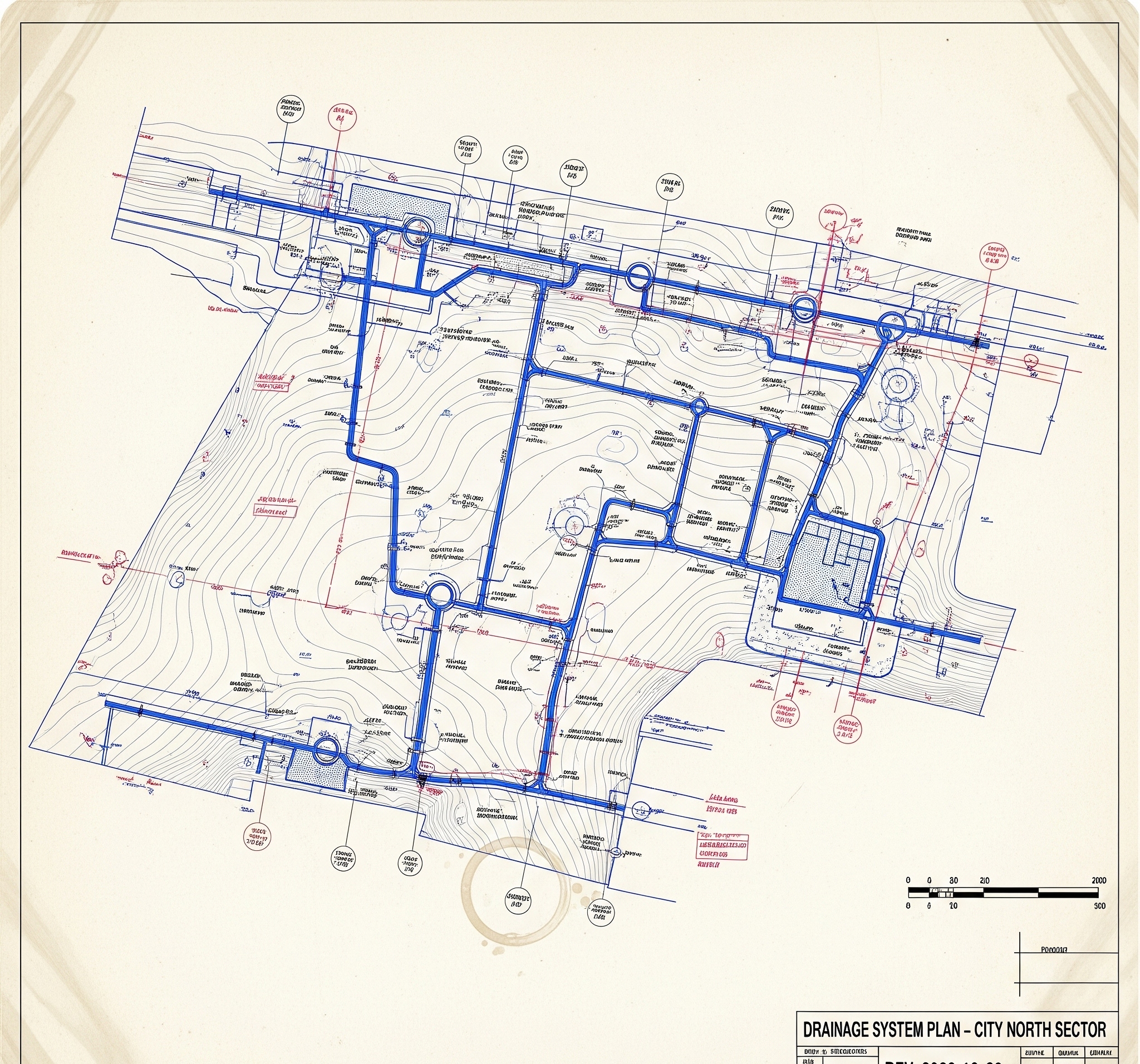 Technical blueprint of a city north sector drainage system plan with highlighted pipeline routes.