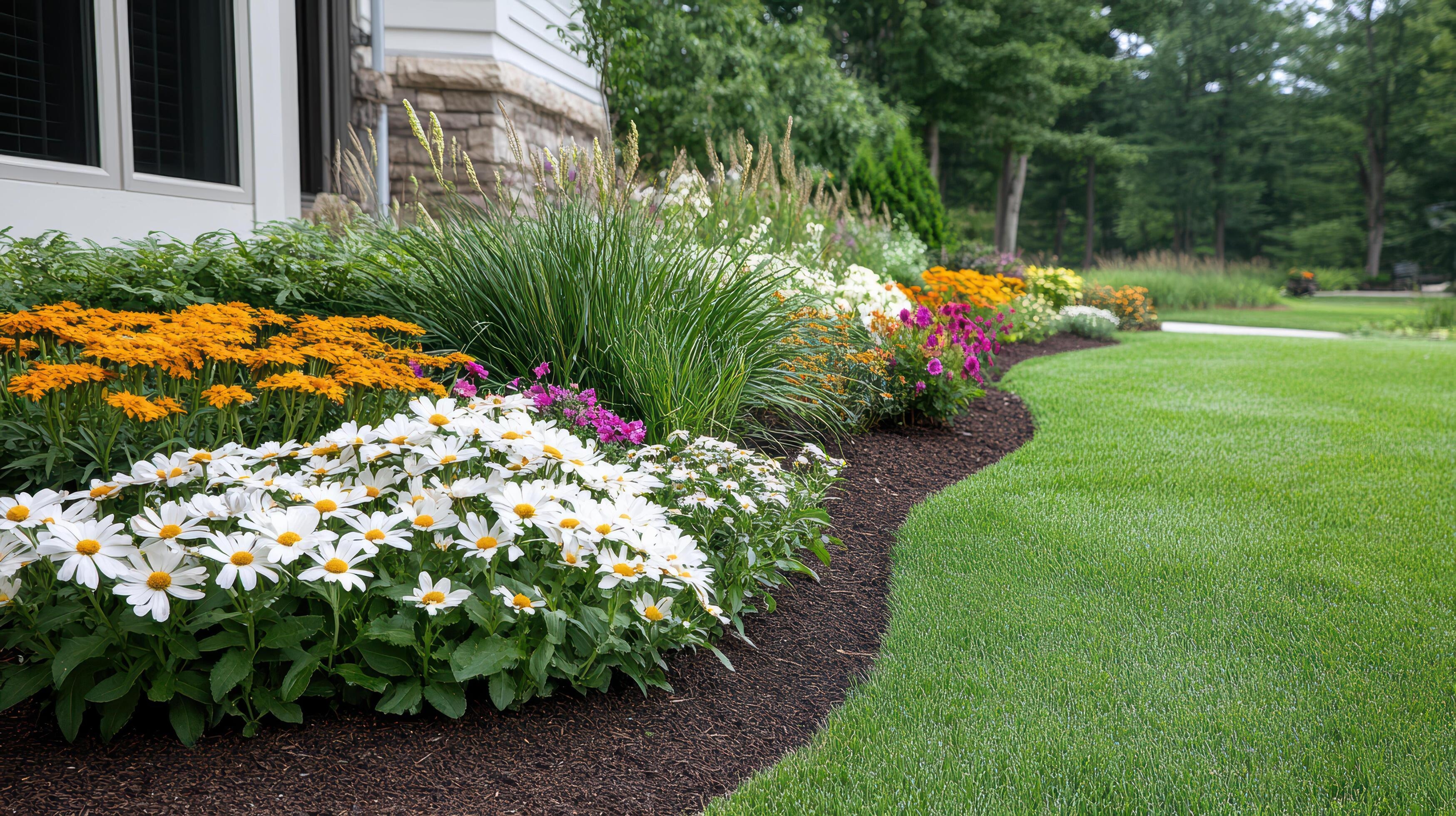 Curved garden bed with blooming white daisies, orange flowers, green grasses, and vibrant greenery.