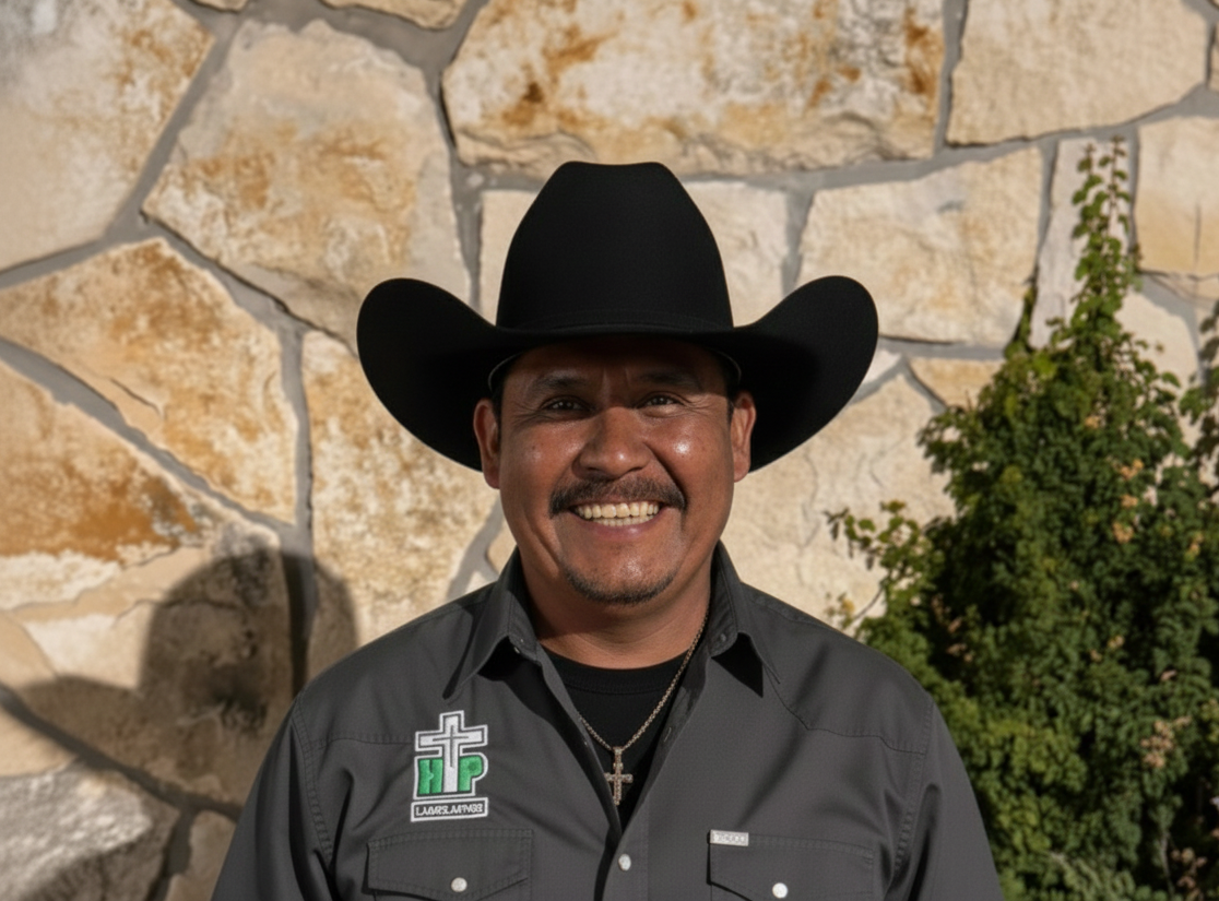 Smiling man wearing a black cowboy hat and gray shirt with cross necklace in front of stone wall.
