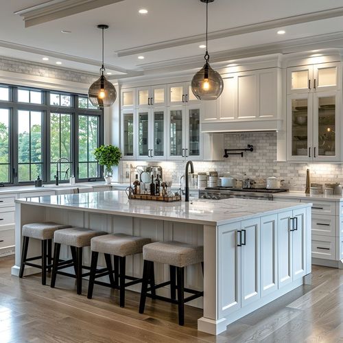 Modern kitchen with large white island, four stools, pendant lights, white cabinetry, and wood flooring.