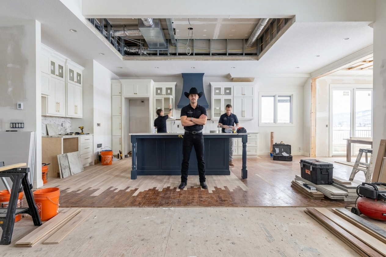 Man in a black cowboy hat stands with arms crossed in a kitchen under renovation with workers in background.