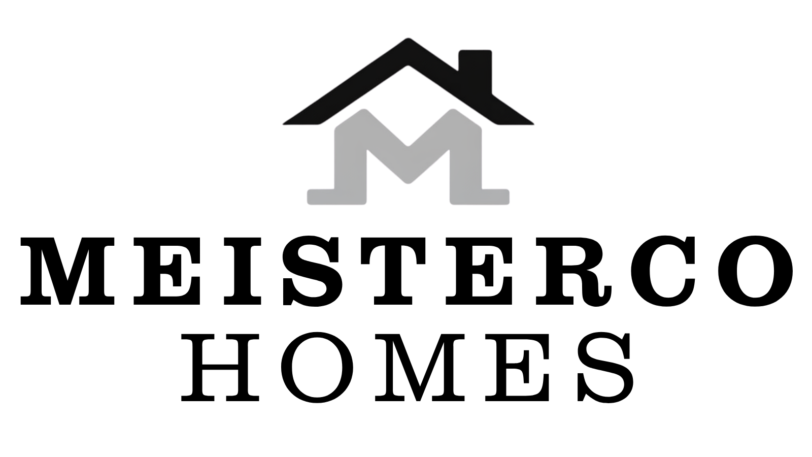 Logo combining a house roof in black with a stylized grey letter M underneath.