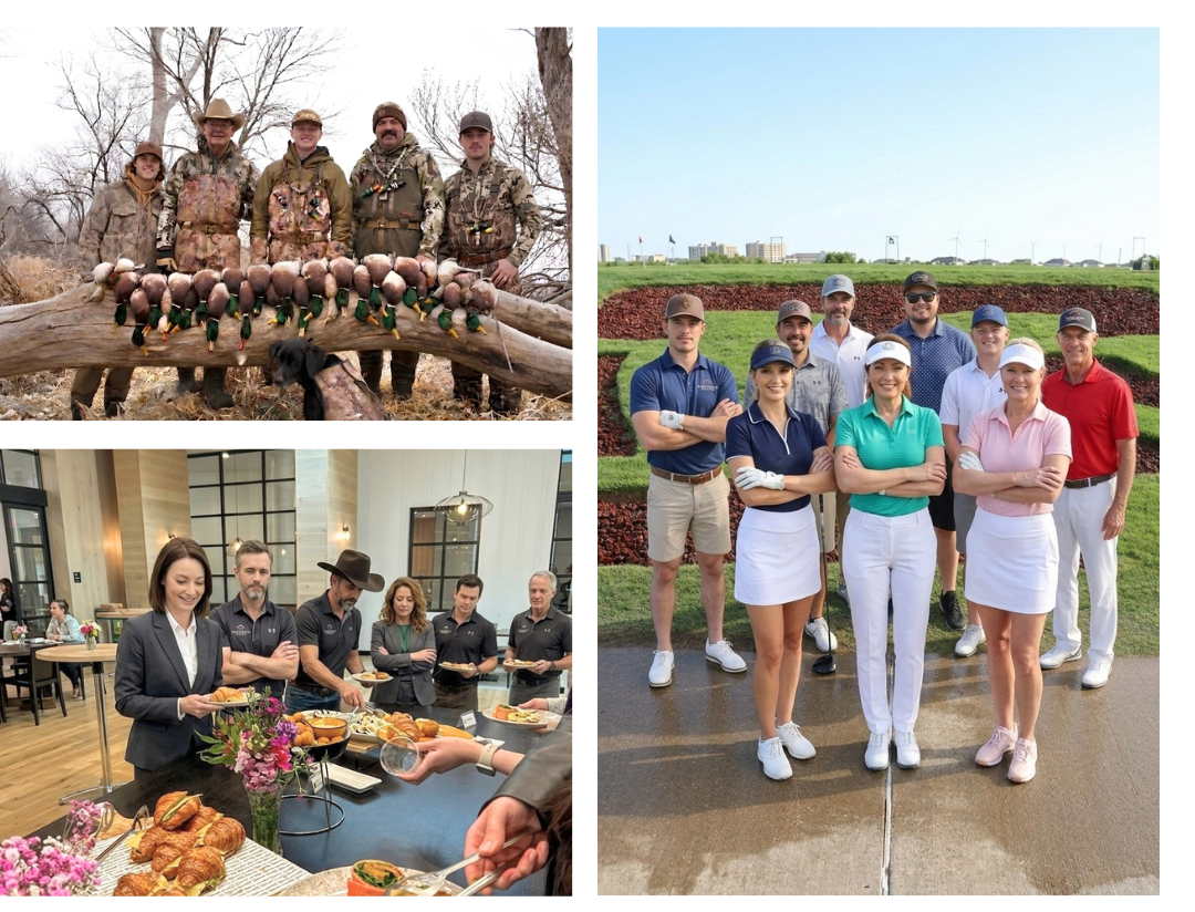Collage of three groups: hunters in camo with ducks, business people at buffet, and golfers on course.