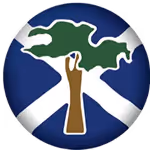 Circular logo with a stylized tree having a brown trunk and green leaves centered over a blue background with two white diagonal shapes crossing behind it.