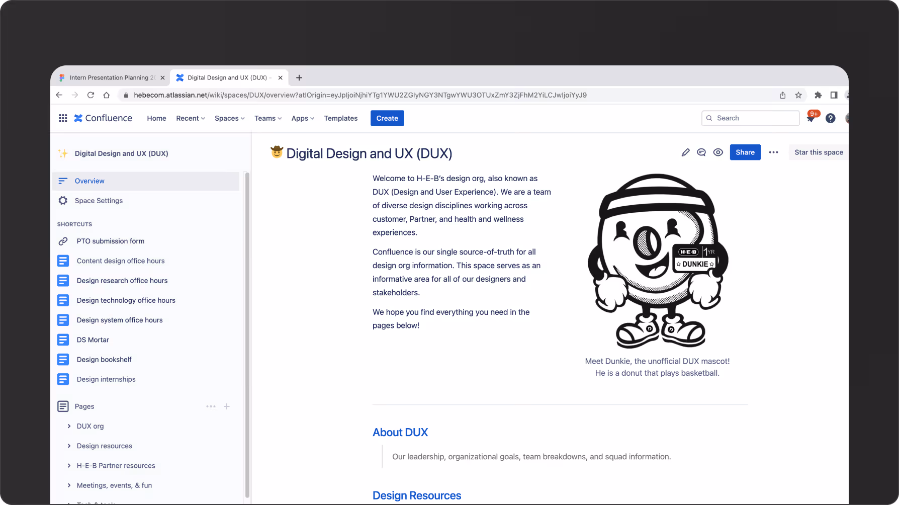 Confluence webpage titled Digital Design and UX (DUX) with an introduction text and a black-and-white cartoon mascot of a donut named Dunkie holding a basketball card.