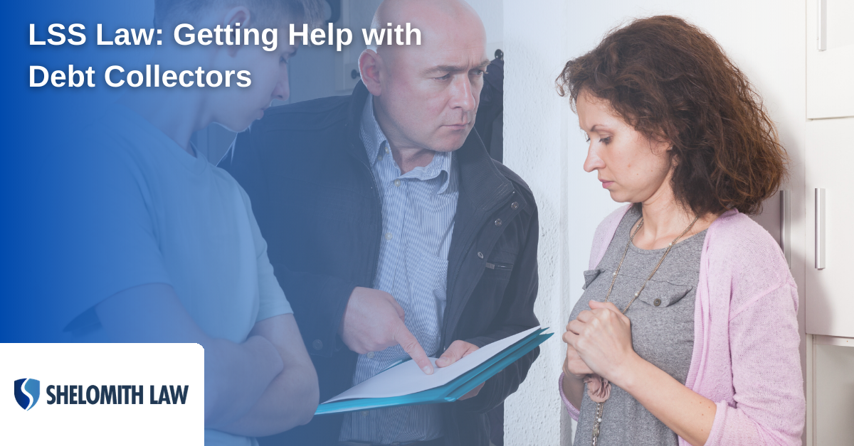 A debt collector showing up at someone's house, representing the need for legal help with debt collectors.