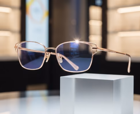 Stylish rectangular eyeglasses with thin metal frames resting on a gray display block in a store.