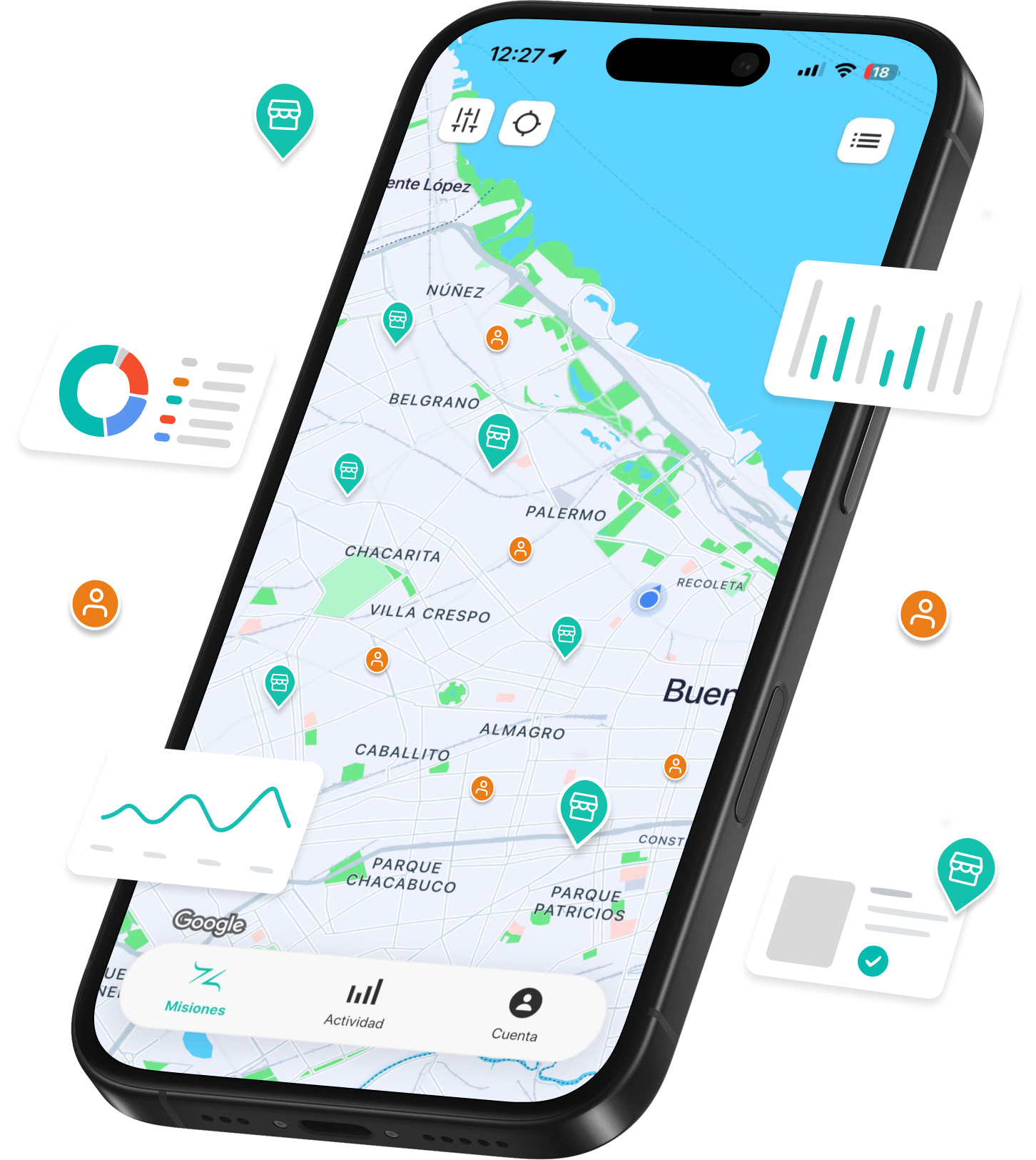 Smartphone displaying a map of Buenos Aires with location icons and data charts floating around.
