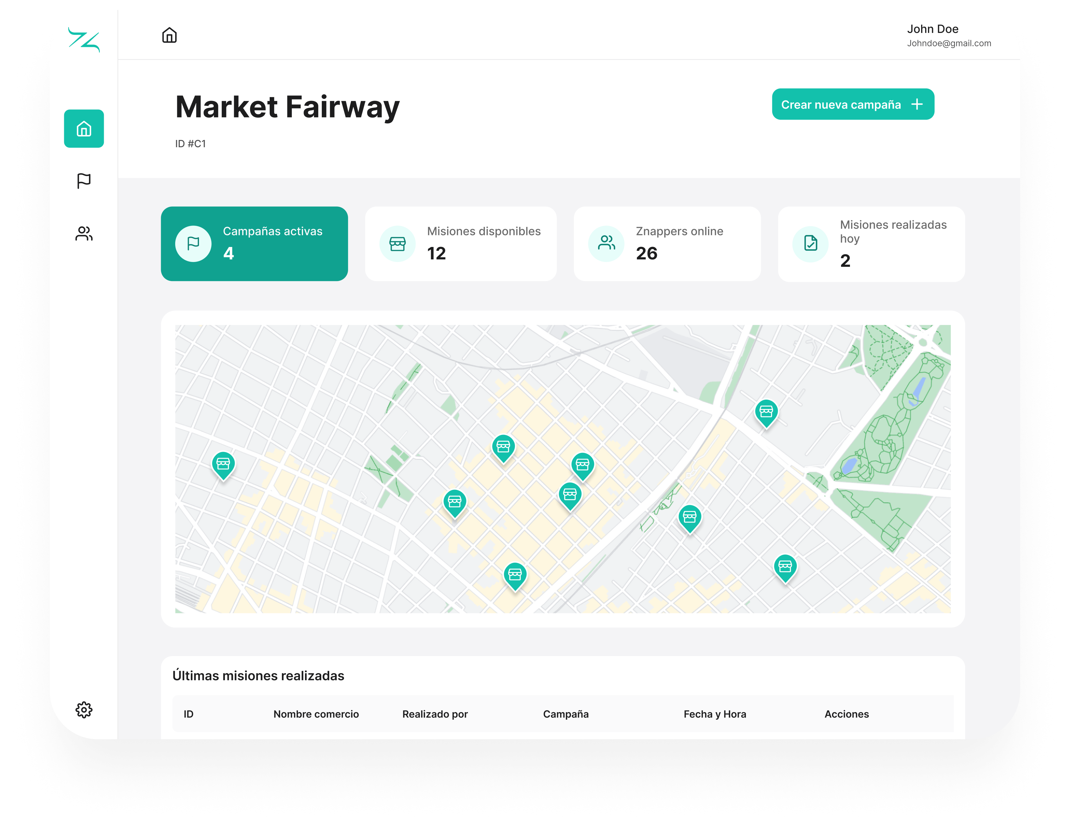 Dashboard showing active campaigns, available missions, online users, and a map with location markers.