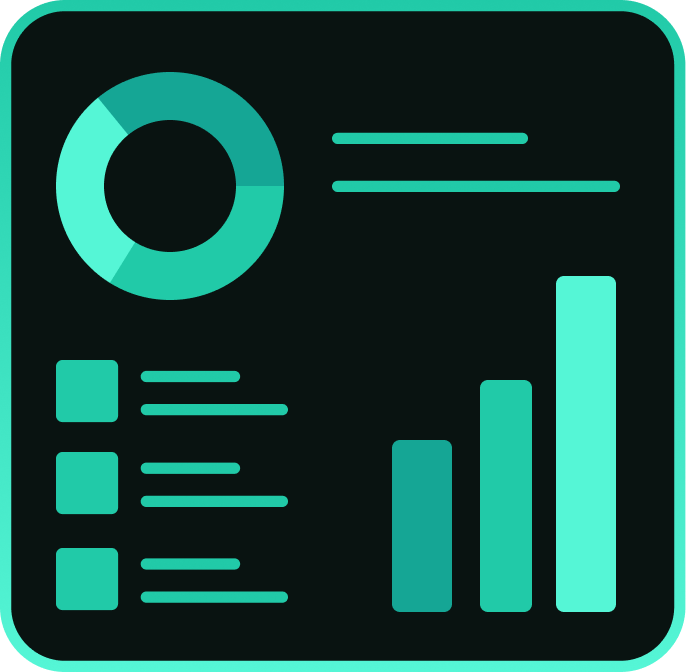 Dashboard with pie chart, bar graph, and three horizontal data entries on dark background