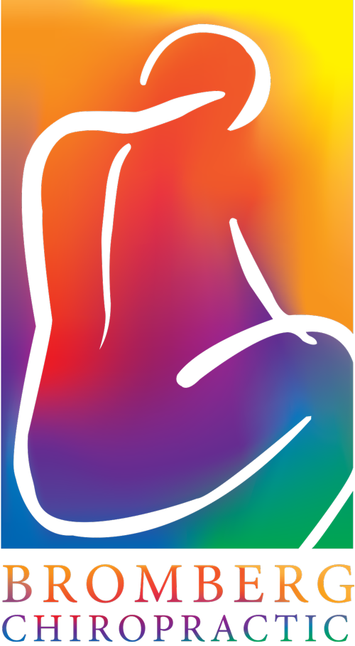 Abstract black line drawing of a person sitting on a colorful gradient background with the text 'Bromberg Chiropractic' below in matching gradient colors.