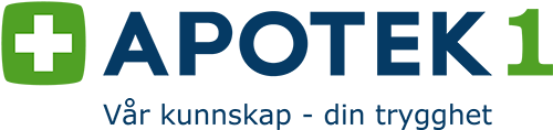 Apotek 1-logo med grønn firkant med hvitt kors og teksten 'Vår kunnskap - din trygghet' under.