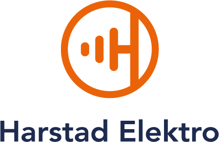 Logo for Harstad Elektro med oransje sirkel og bokstavene HE.