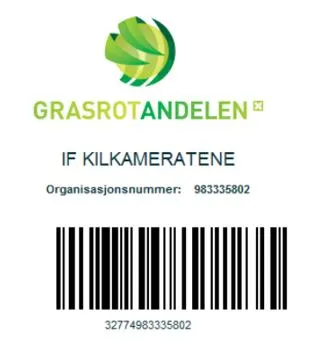 Grasrotandelen logo med tekst IF Kilkameratene, organisasjonsnummer 983335802 og strekkode under.