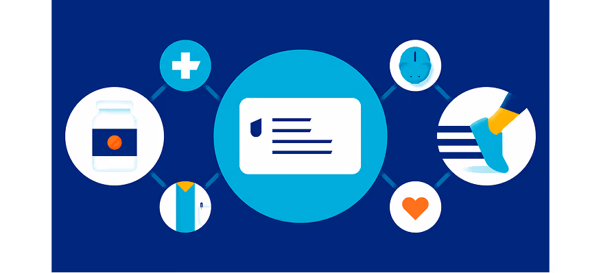 Illustration of connected health icons including a medical prescription, pill bottle, doctor, clock, heart, and running foot on a blue background.