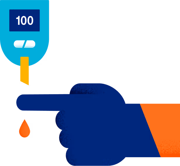 Illustration of a finger with a drop of blood being tested by a glucose meter showing a reading of 100.