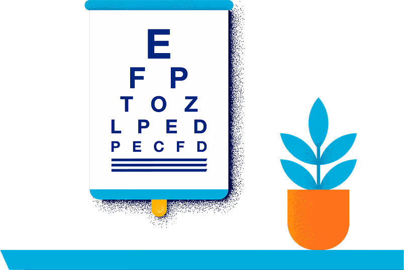 Eye chart with letters of decreasing size on a wall next to a small potted plant on a shelf.