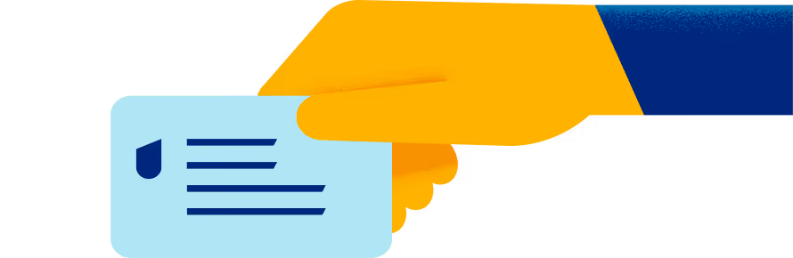Illustrated hand holding a light blue card with a shield icon and lines representing text.