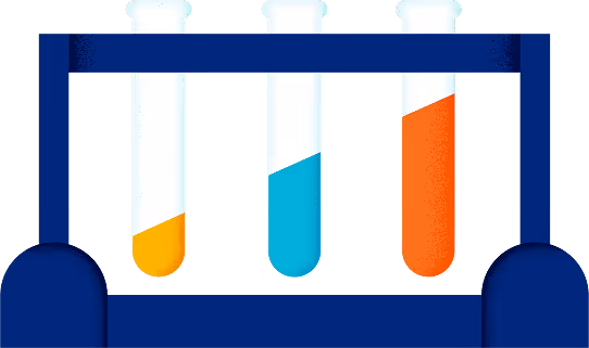 Three test tubes in blue rack containing orange, blue, and red liquids at the bottom.