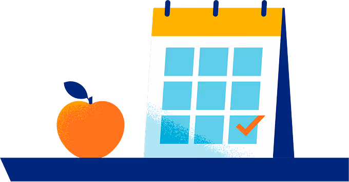 Illustration of an orange apple next to a yellow and blue desktop calendar with a checkmark on one date.
