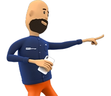 3D cartoon character pointing to the side with a blue shirt