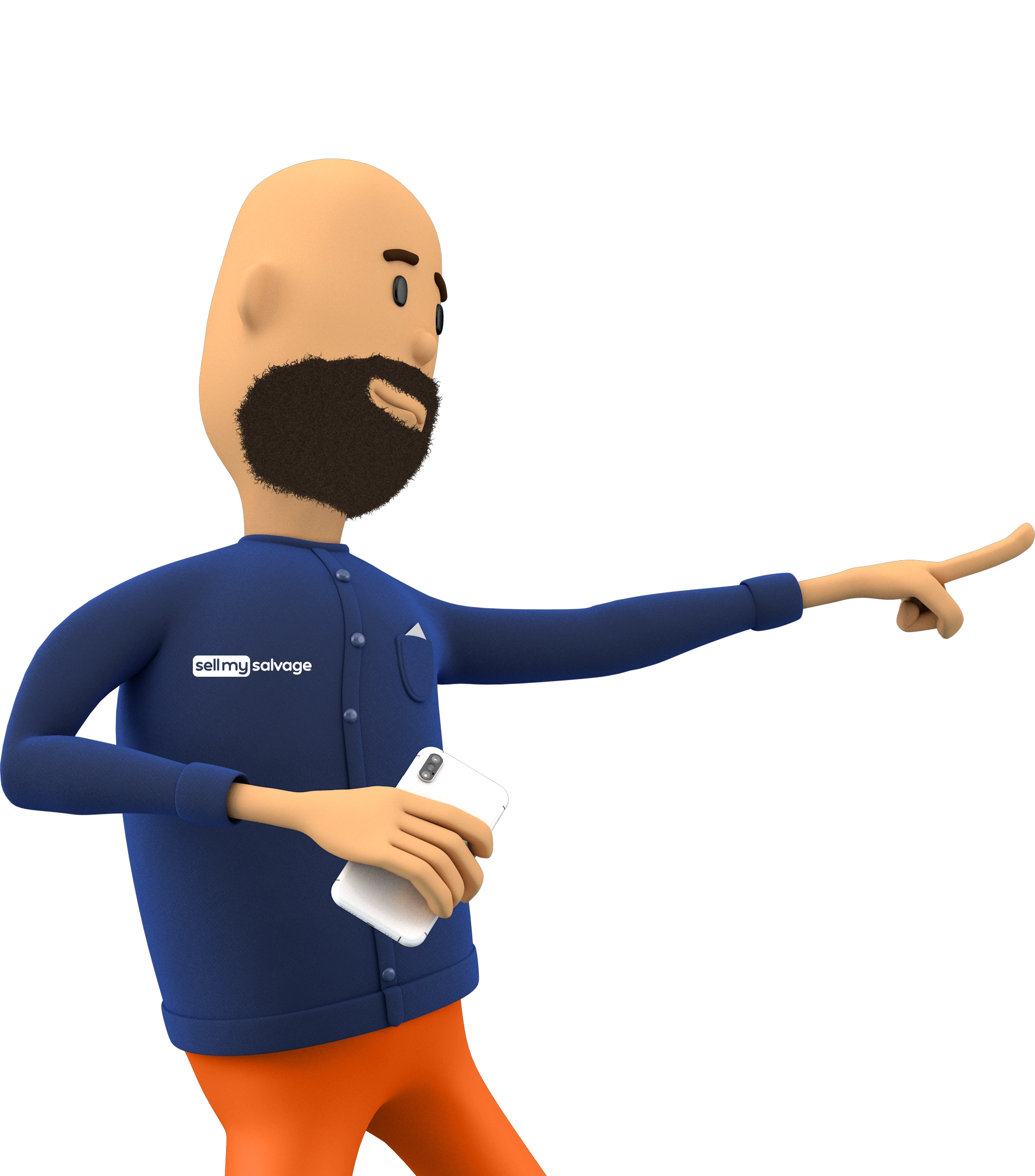A stylized 3D illustration of a bearded man wearing a blue shirt with a “sell my salvage” logo and orange pants. He is holding a smartphone in one hand and pointing off to the right with the other, set against a black background.