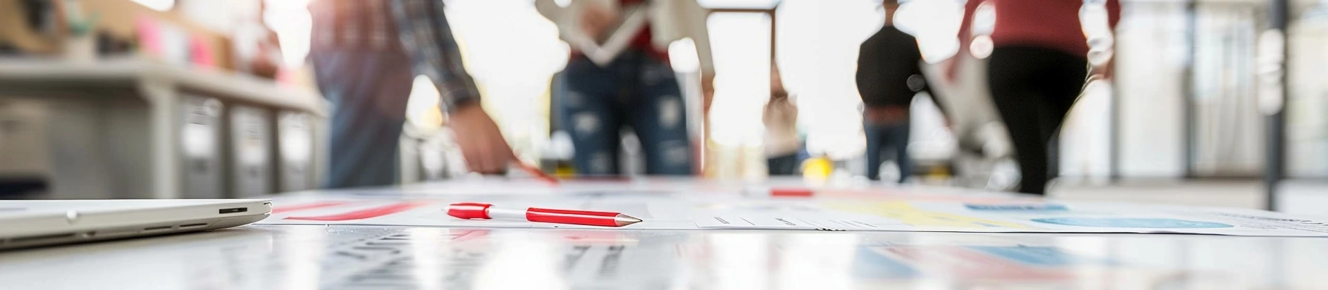 Close-up of a red and white pen on a desk with blurred people working in the background.