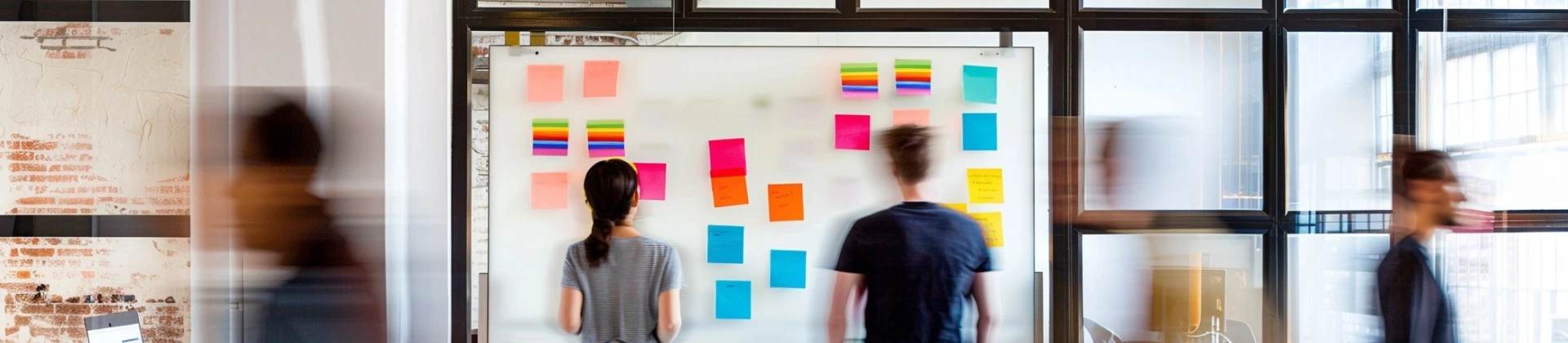 Two people standing in front of a whiteboard with colorful sticky notes in an office space with blurred figures walking by.