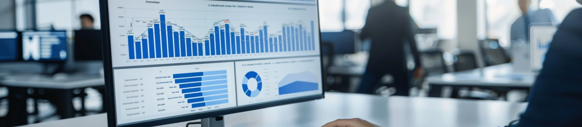 Close-up of a computer monitor displaying various blue charts and graphs in an office setting.