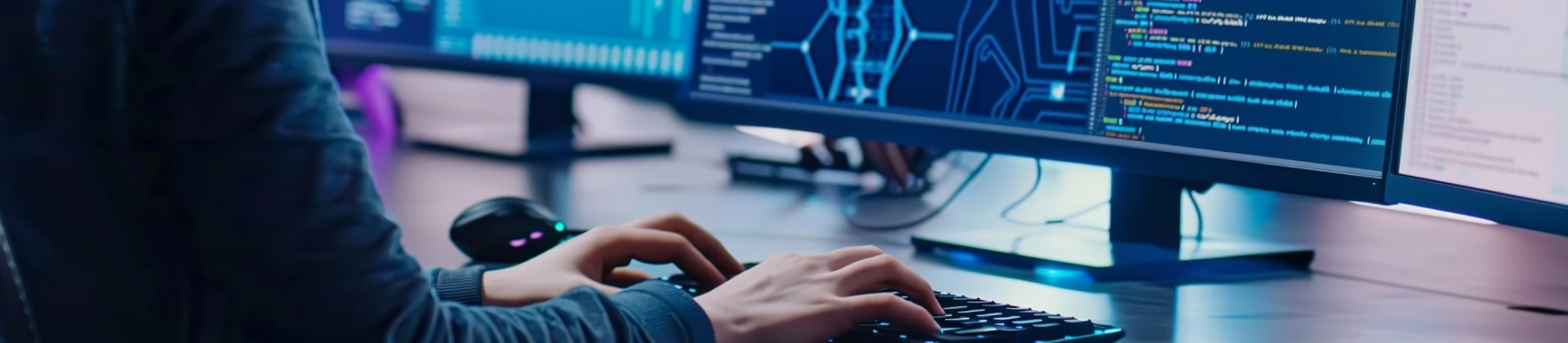 Person typing on a keyboard with multiple monitors displaying code and digital graphics in a dimly lit workspace.