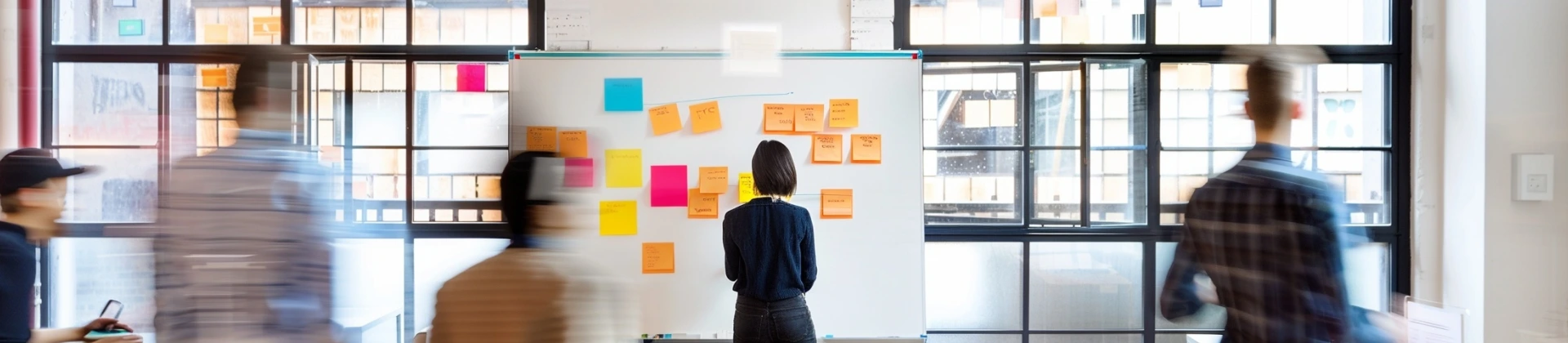 Person standing and looking at a whiteboard covered with colorful sticky notes in a bright office with blurred figures walking by.