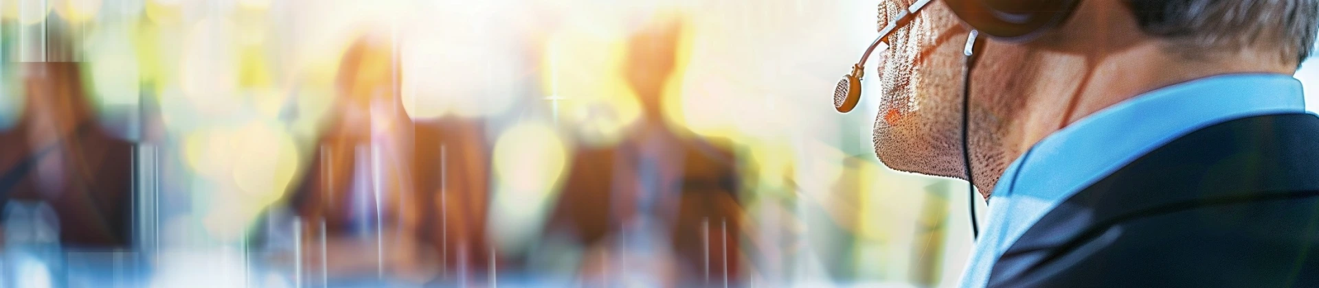 Close-up of a man wearing a headset and microphone, with blurred people and bright lights in the background.