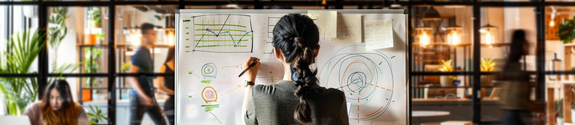 Woman with braided hair writing on a whiteboard covered with charts and diagrams in a modern office.