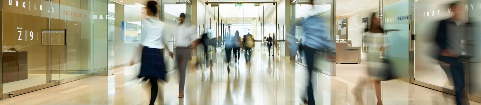 Modern clothing store interior with shelves and racks of neatly arranged garments and blurred shoppers walking.