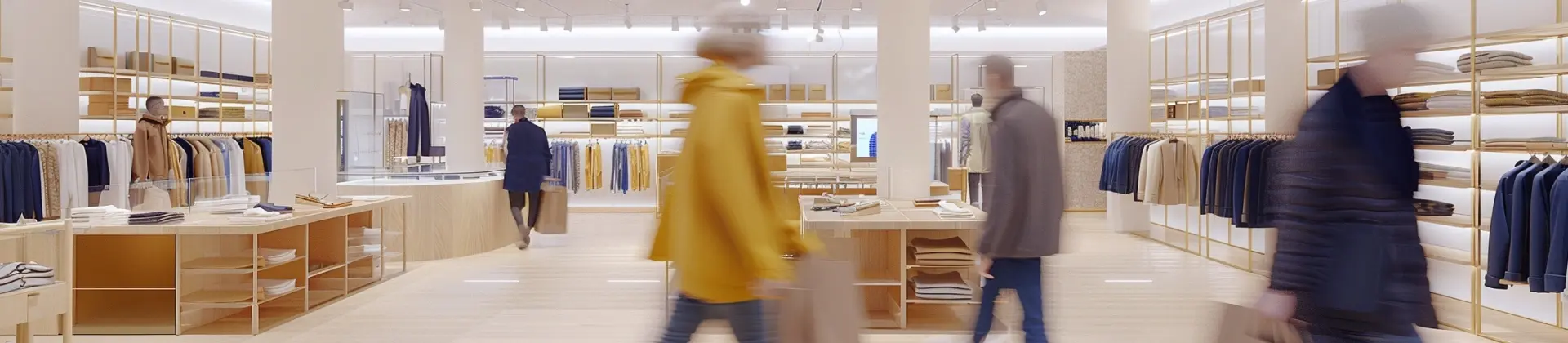 Modern clothing store interior with shelves and racks of neatly arranged garments and blurred shoppers walking.