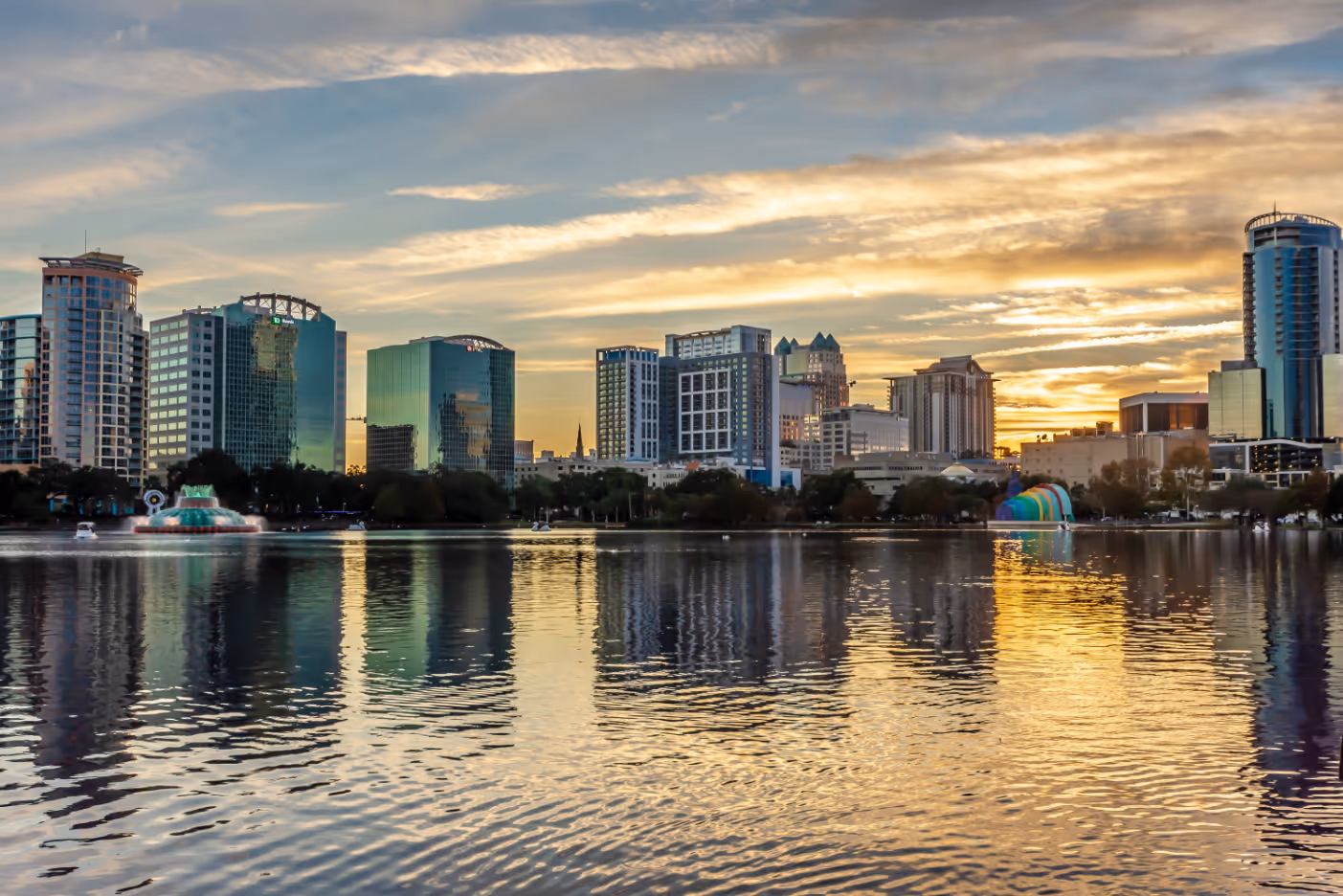 Scenic sunset view from Lake Eola Park ,Orlando ,Florida stock image